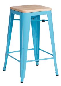 Culty Modrá kovová barová židle Tolix 75 se světlým dřevěným sedákem Culty