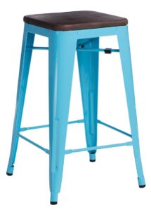 Culty Modrá kovová barová židle Tolix 75 s tmavým dřevěným sedákem Culty