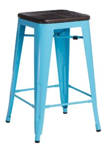 Culty Modrá kovová barová židle Tolix 65 s dřevěným borovicovým sedákem v odstínu ořechu Culty