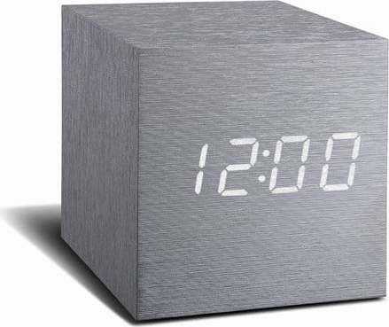 Šedý budík s bílým LED displejem Gingko Cube Click Clock Gingko