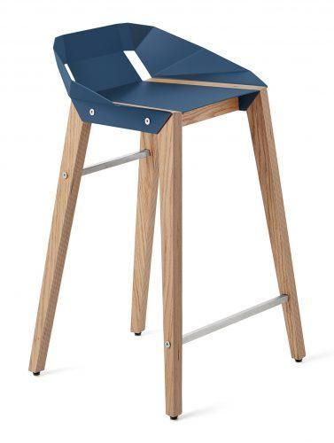 Modrá hliníková barová židle Tabanda DIAGO 62 cm s dubovou podnoží Tabanda