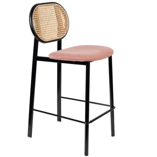 Růžová látková barová židle ZUIVER SPIKE 65 cm s ratanovým opěradlem Zuiver