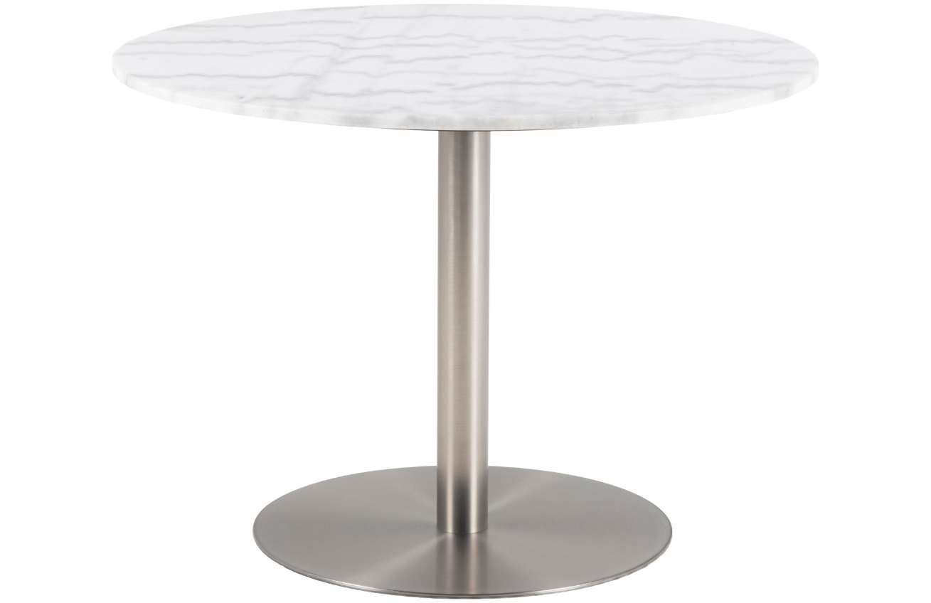 SCANDI Bílý mramorový jídelní stůl Aron 105 cm s kartáčovanou chromovou podnoží SCANDI