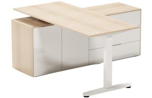 ARBYD Set dubového kancelářského el. stavitelného stolu a matně bílé komody Thor ARBYD