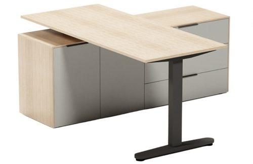 ARBYD Set dubového kancelářského el. stavitelného stolu a matně šedé komody Thor ARBYD