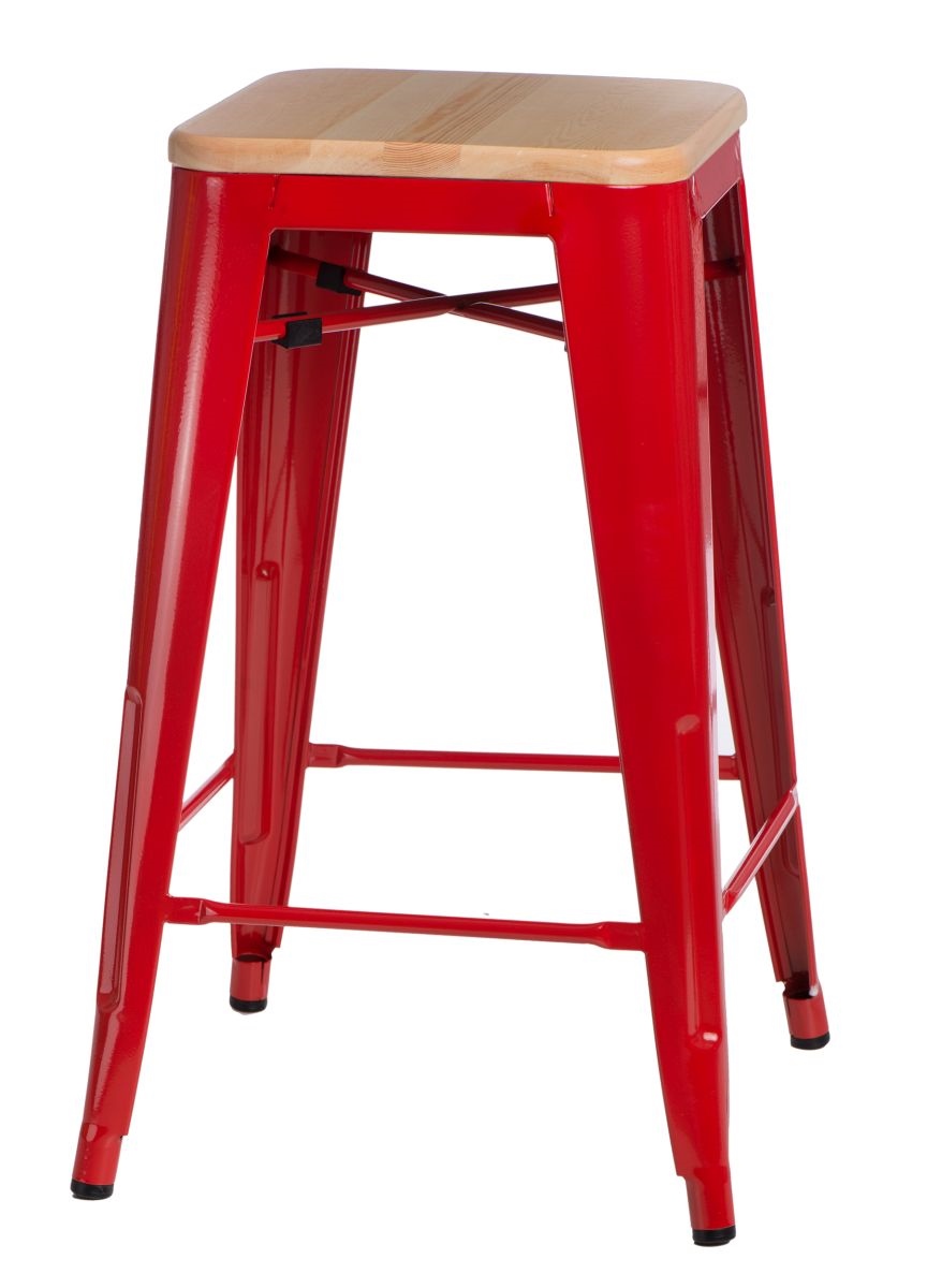 Culty Červená kovová barová židle Tolix s borovicovým sedákem 65 cm Culty