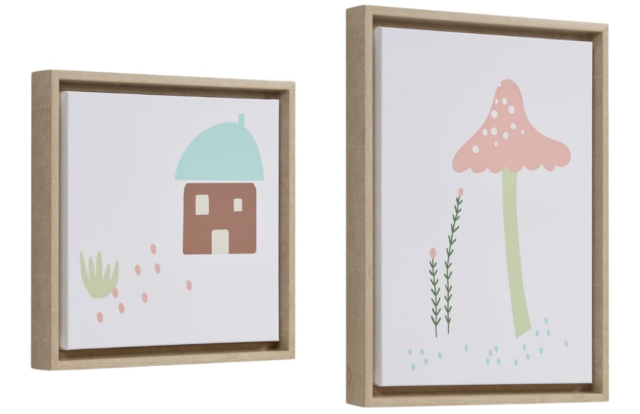 Set dvou obrazů Kave Home Leshy s motivem domku a houby Kave Home