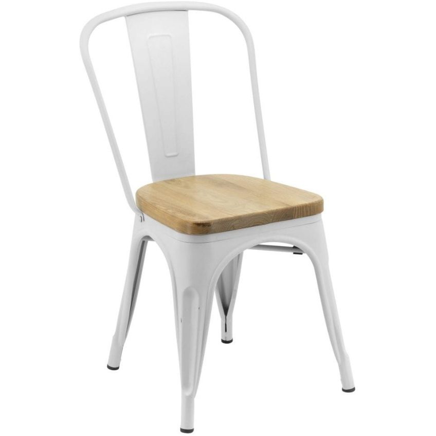 Culty Bílá kovová jídelní židle Tolix s borovicovým sedákem Culty