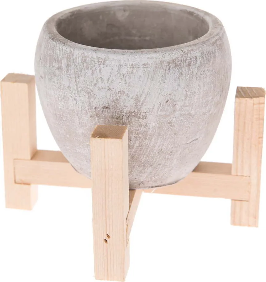 Šedý betonový květináč v dřevěném stojanu Dakls Natural, ø 13 cm