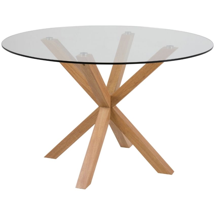 Scandi Skleněný kulatý jídelní stůl s dubovou podnoží Skyline 119 cm Scandi