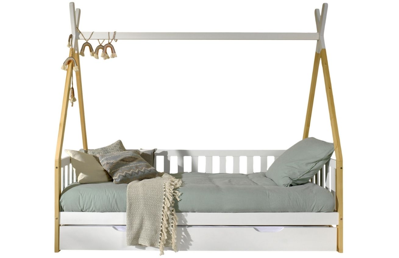Borovicová postel Vipack Tipi 90 x 200 cm se zábranami a bílou zásuvkou Vipack