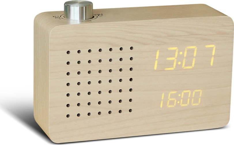 Béžový budík se žlutým LED displejem a rádiem Gingko Radio Click Clock Gingko