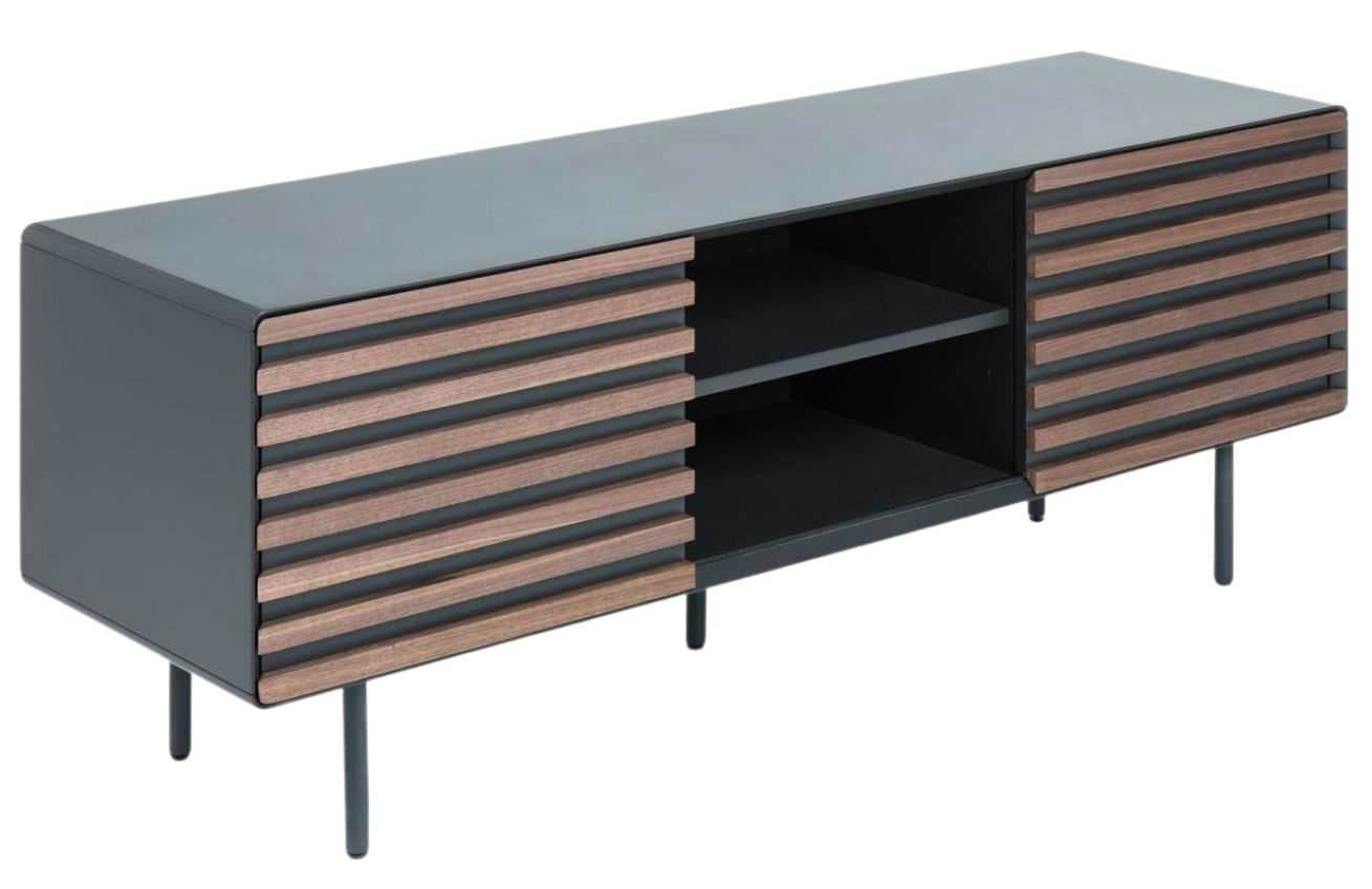 Černý lakovaný TV stolek Kave Home Kesia 162 x 45 cm s ořechovým dekorem Kave Home