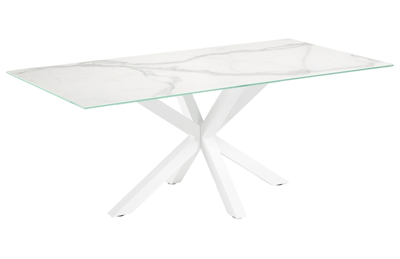 Bílý keramický jídelní stůl Kave Home Argo 200 x 100 cm s bílou kovovou podnoží Kave Home
