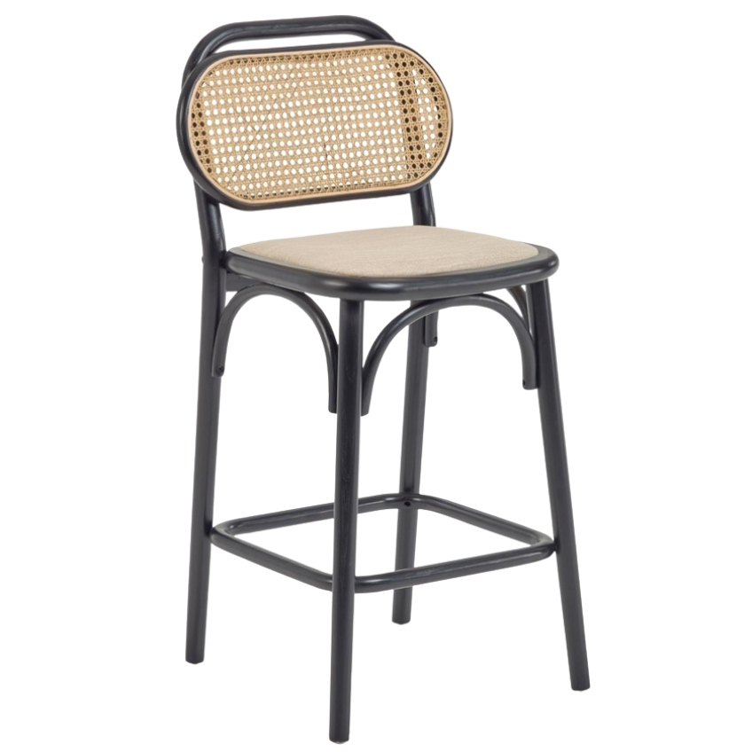 Černá dubová barová židle Kave Home Doriane s ratanovým opěradlem 65 cm Kave Home