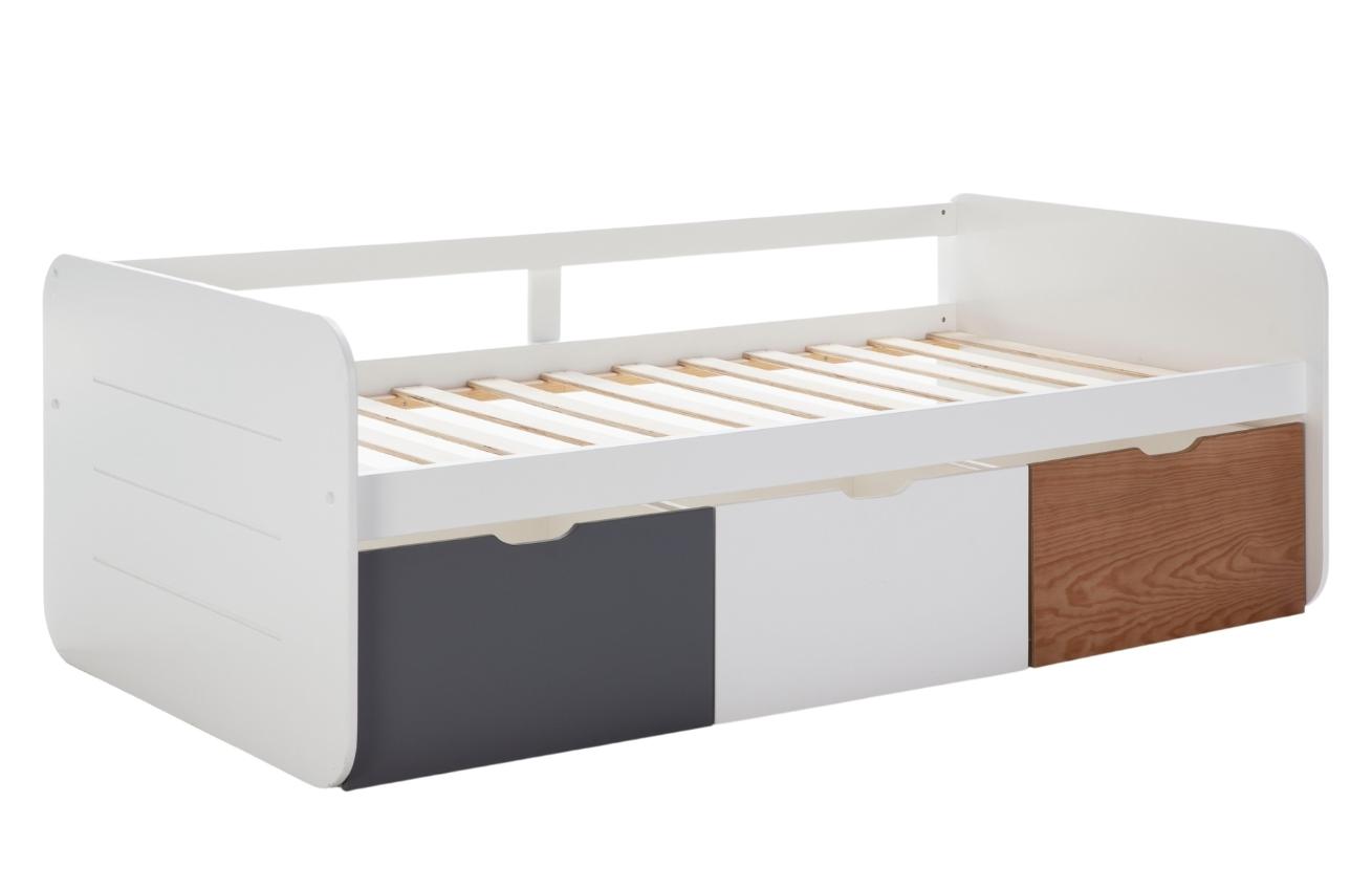 Bílá lakovaná dětská postel Marckeric Abbott 90 x 190 cm s barevnými zásuvkami Marckeric