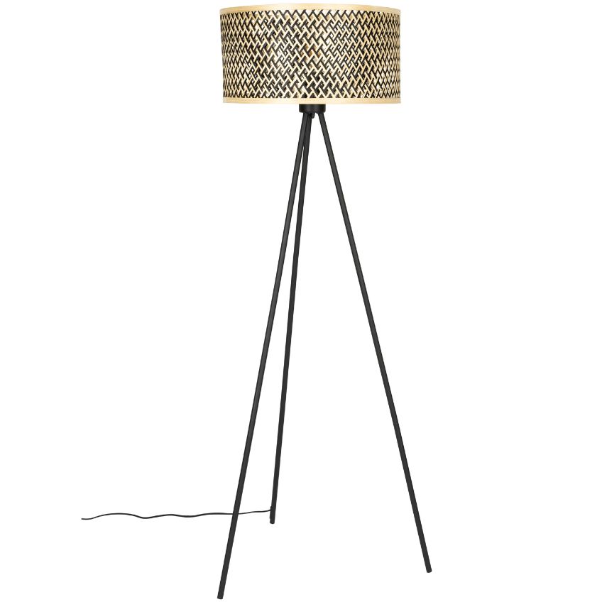 White Label Černá kovová stojací lampa WLL Isla 146 cm s bambusovým stínidlem White Label