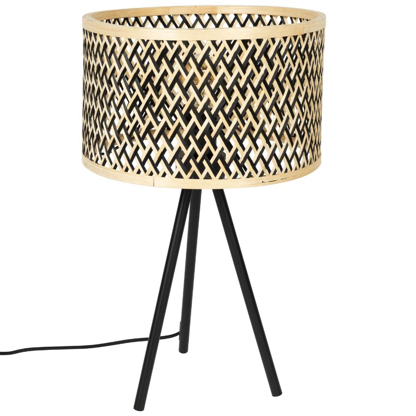 White Label Černá kovová stolní lampa WLL Isla s bambusovým stínidlem White Label