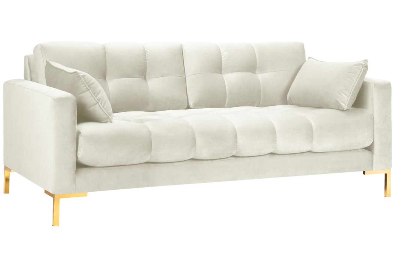 Krémová sametová třímístná pohovka MICADONI Mamaia 177 cm se zlatou podnoží Micadoni