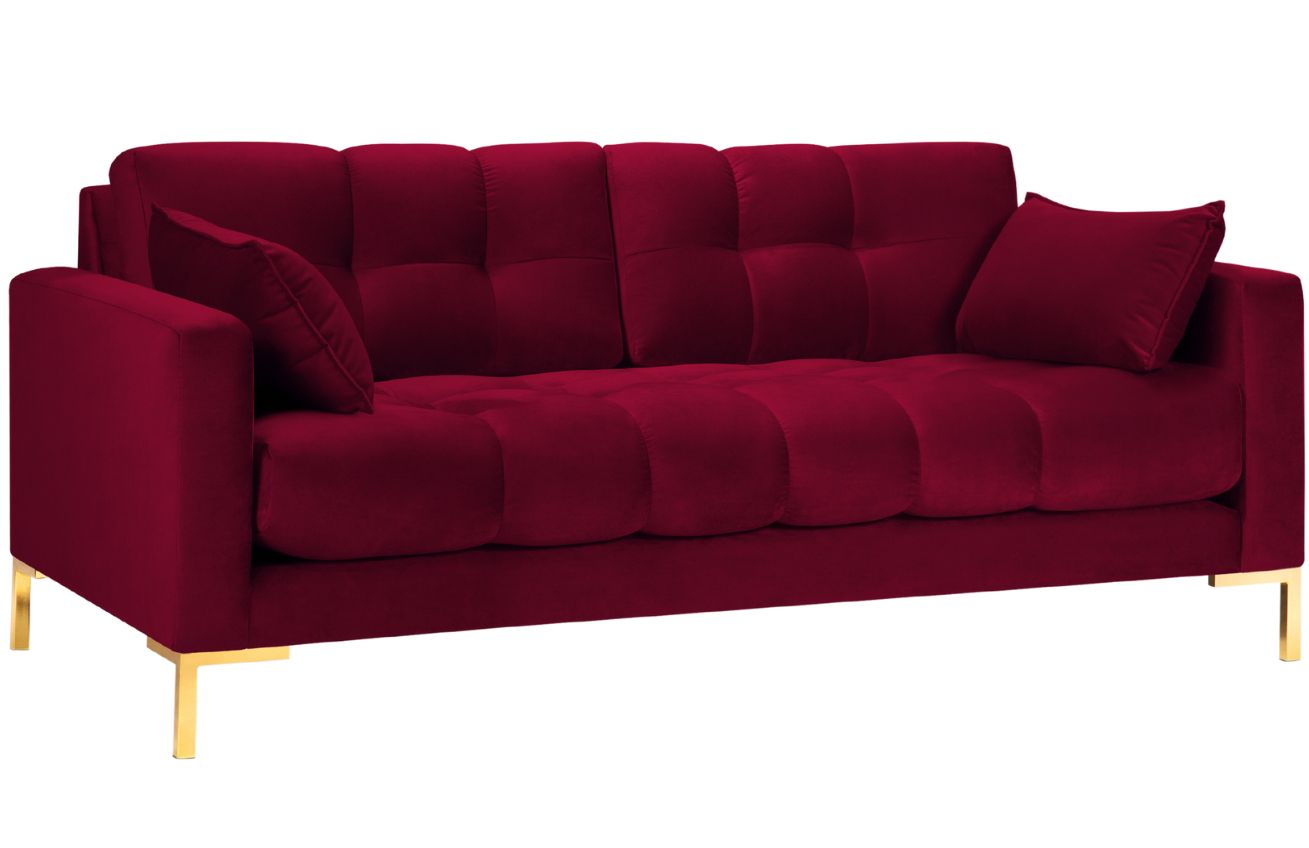 Vínově červená sametová třímístná pohovka MICADONI Mamaia 177 cm se zlatou podnoží Micadoni