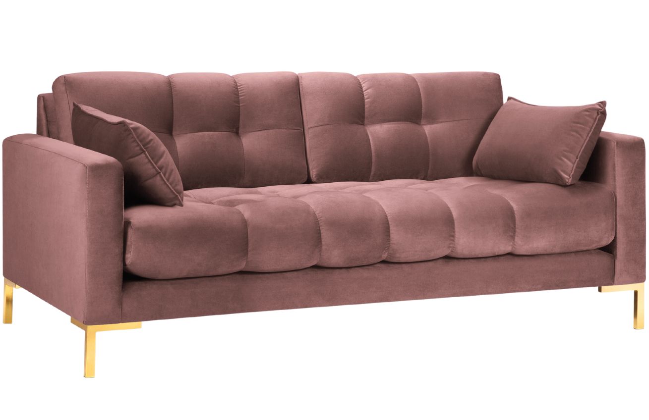 Růžová sametová třímístná pohovka MICADONI Mamaia 177 cm se zlatou podnoží Micadoni