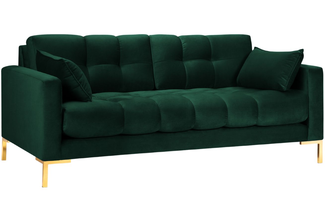 Tmavě zelená sametová třímístná pohovka MICADONI Mamaia 177 cm se zlatou podnoží Micadoni