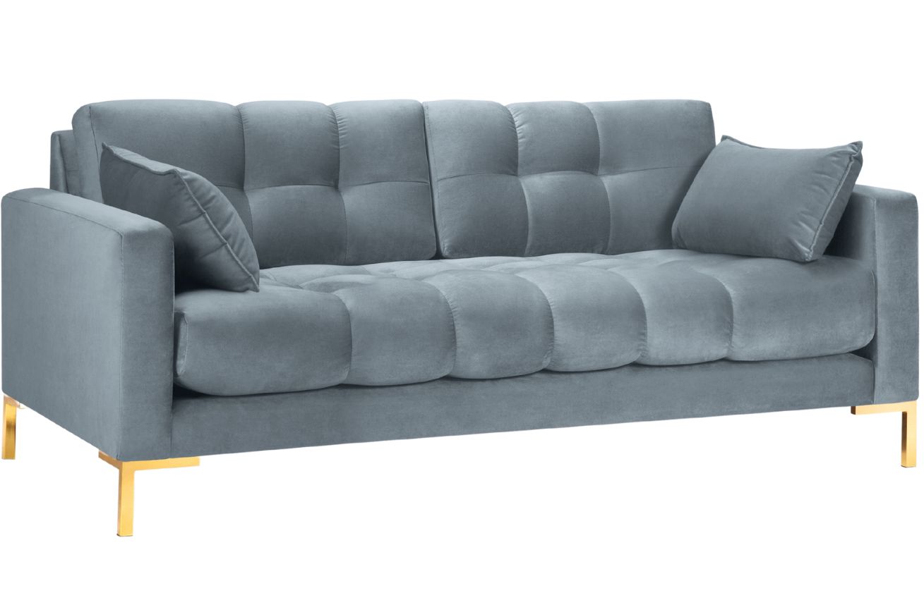 Světle modrá sametová třímístná pohovka MICADONI Mamaia 177 cm se zlatou podnoží Micadoni