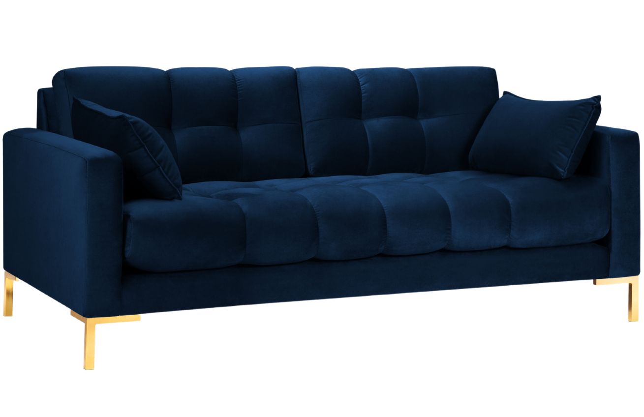 Královsky modrá sametová třímístná pohovka MICADONI Mamaia 177 cm se zlatou podnoží Micadoni