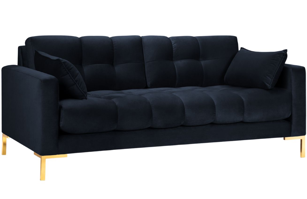 Tmavě modrá sametová třímístná pohovka MICADONI Mamaia 177 cm se zlatou podnoží Micadoni