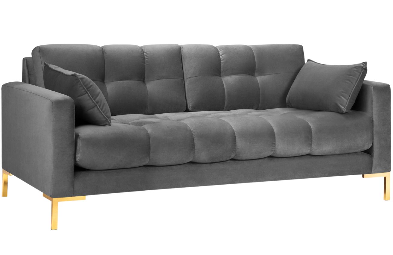 Šedá sametová třímístná pohovka MICADONI Mamaia 177 cm se zlatou podnoží Micadoni
