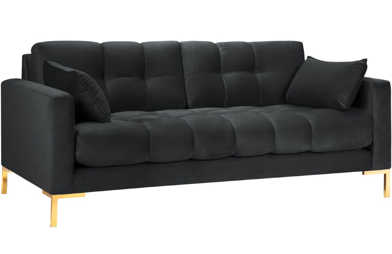 Tmavě šedá sametová třímístná pohovka MICADONI Mamaia 177 cm se zlatou podnoží Micadoni