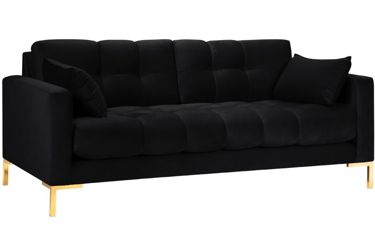 Černá sametová třímístná pohovka MICADONI Mamaia177 cm se zlatou podnoží Micadoni