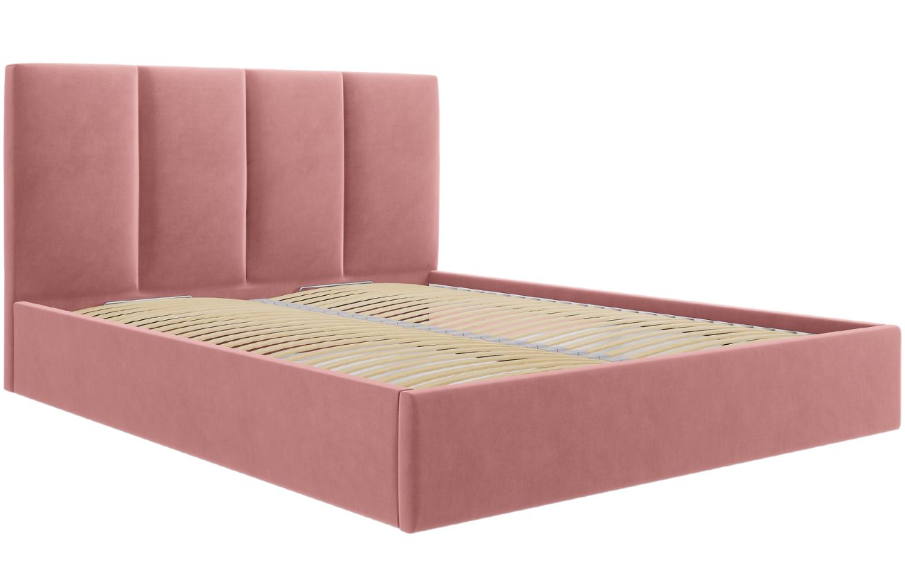 Růžová sametová dvoulůžková postel MICADONI Pyla 140 x 200 cm s úložným prostorem Micadoni