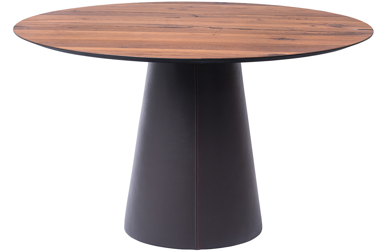 Hnědý dubový jídelní stůl Marco Barotti Tivoli 130 cm s koženou podnoží Marco Barotti