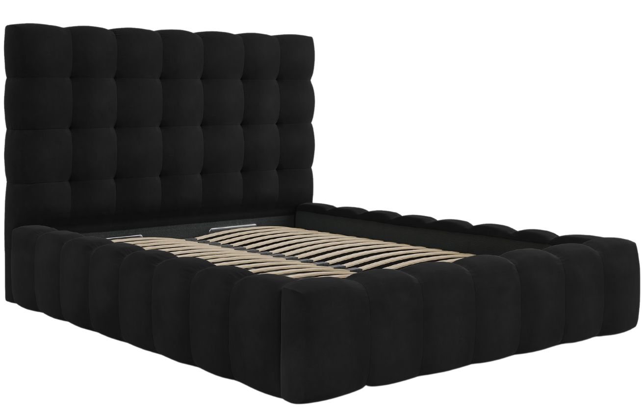 Černá sametová dvoulůžková postel MICADONI Mamaia 160 x 200 cm s úložným prostorem Micadoni