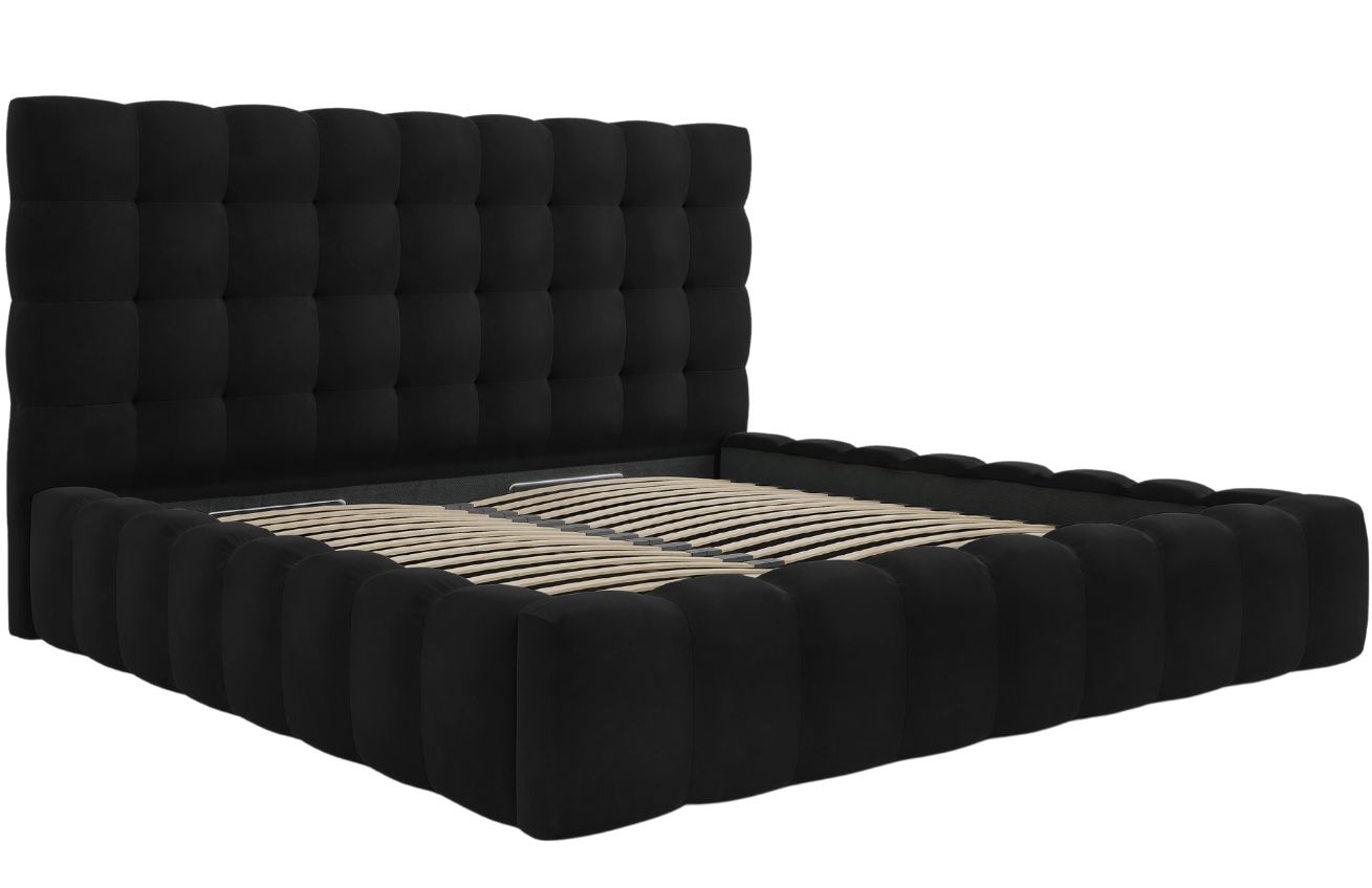 Černá sametová dvoulůžková postel MICADONI Mamaia 200 x 200 cm s úložným prostorem Micadoni