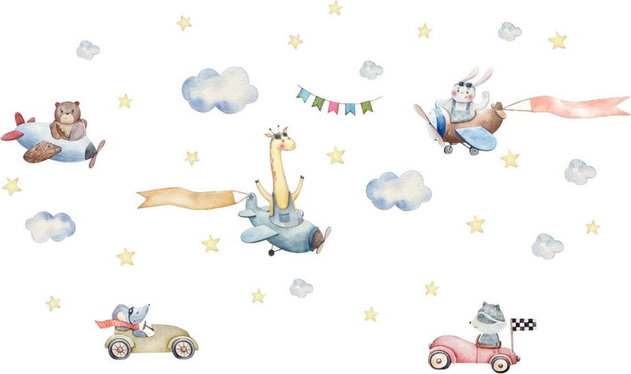 Dětská nástěnná samolepka Ambiance Animals Racing in Cars and Planes