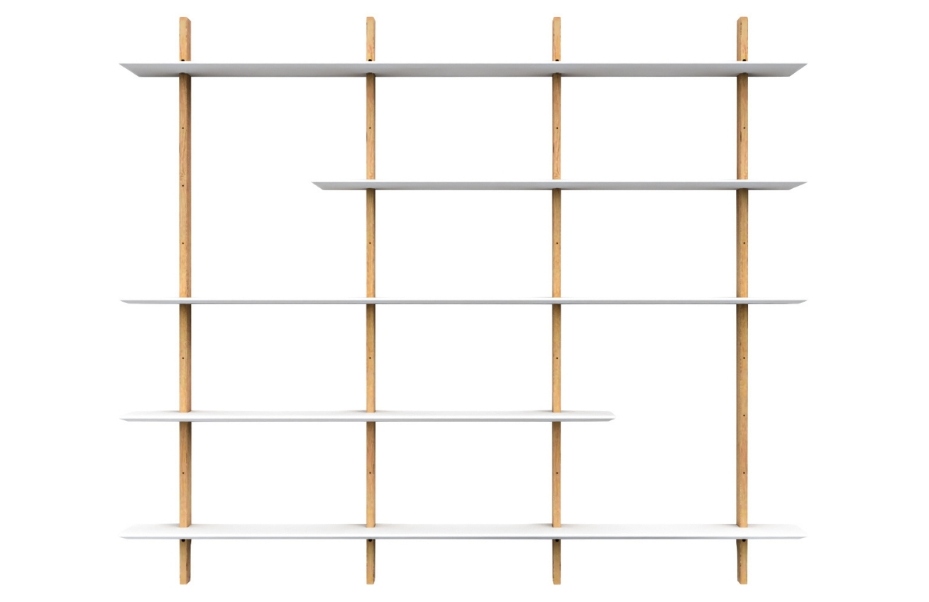 Bílý dřevěný nástěnný regál Tenzo Bridge s bukovými sloupky 190 x 224 cm Tenzo