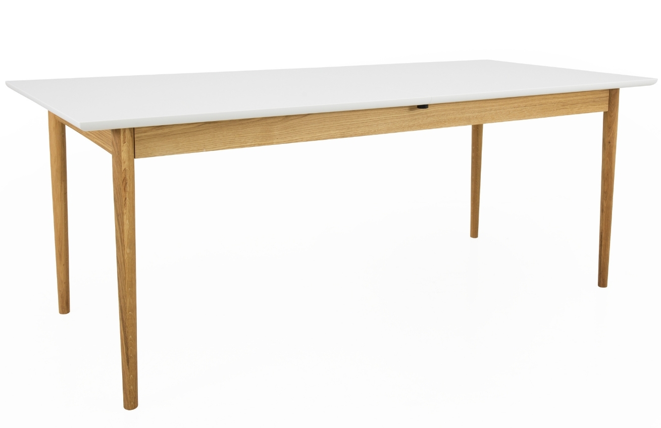 Bílý lakovaný rozkládací jídelní stůl Tenzo Svea 195/275 x 90 cm s dubovou podnoží Tenzo