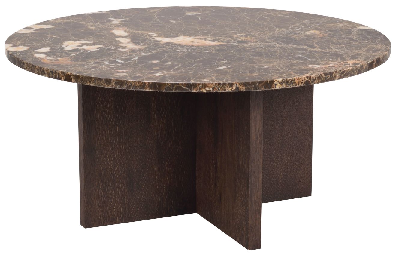 Hnědý mramorový konferenční stolek ROWICO BROOKSVILLE 90 cm s hnědou podnoží Rowico