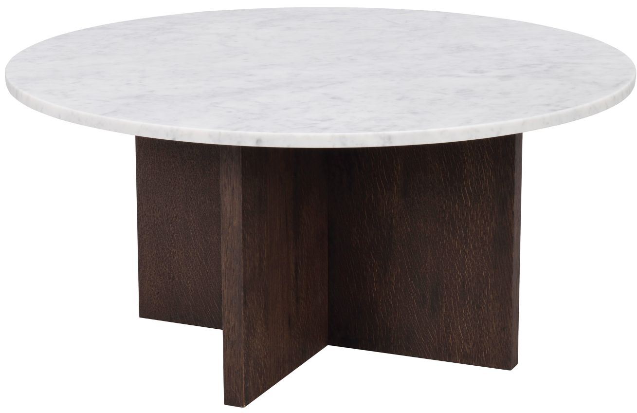 Bílý mramorový konferenční stolek ROWICO BROOKSVILLE 90 cm s hnědou podnoží Rowico