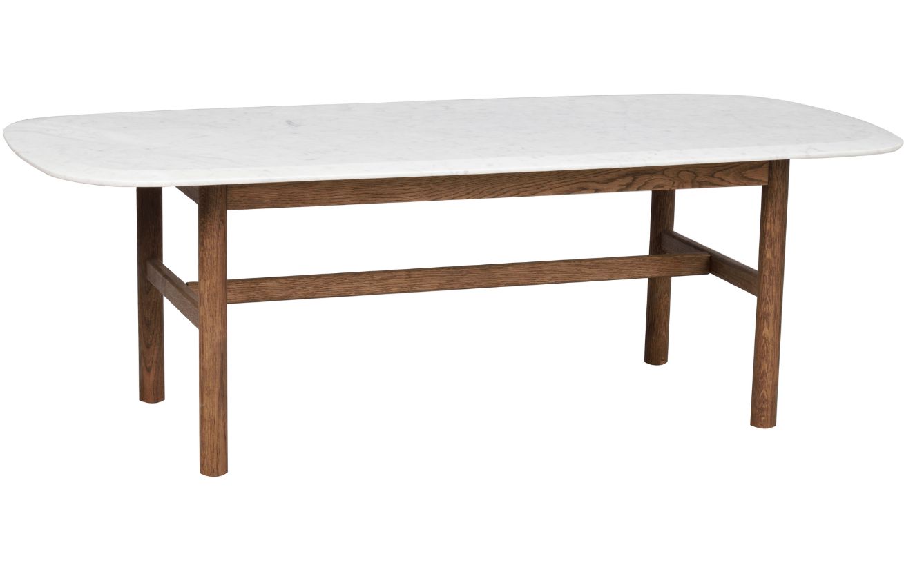 Bílý mramorový konferenční stolek ROWICO HAMMOND 135 x 62 cm s hnědou podnoží Rowico