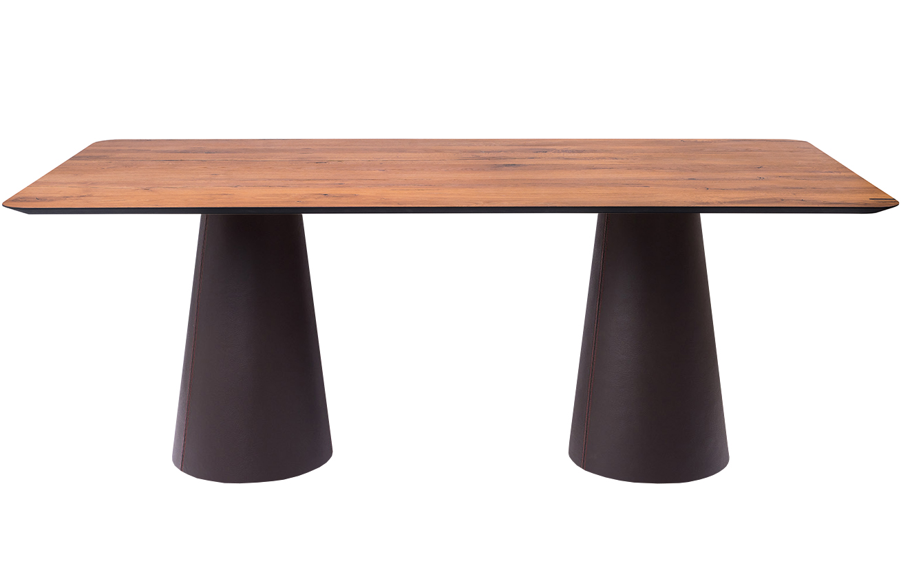 Hnědý dubový jídelní stůl Marco Barotti 180 x 90 cm s koženou podnoží Marco Barotti
