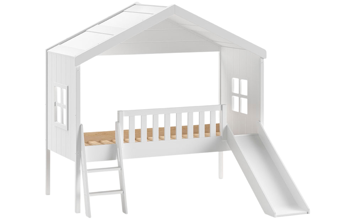 Bílá borovicová dětská postel Vipack Housebed se skluzavkou 90 x 200 cm Vipack