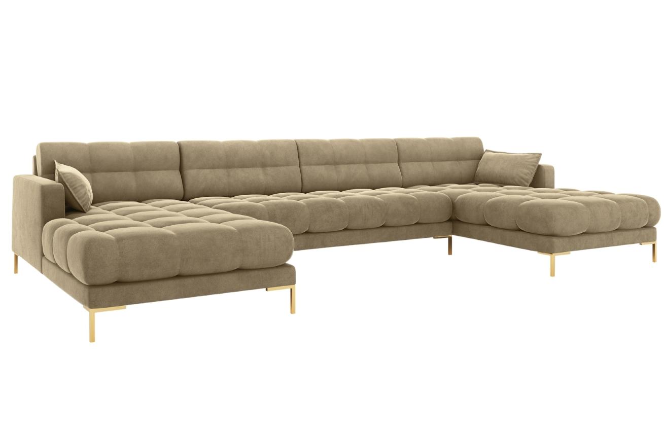 Béžová sametová šestimístná rohová pohovka do "U" MICADONI MAMAIA 383 cm se zlatou podnoží Micadoni