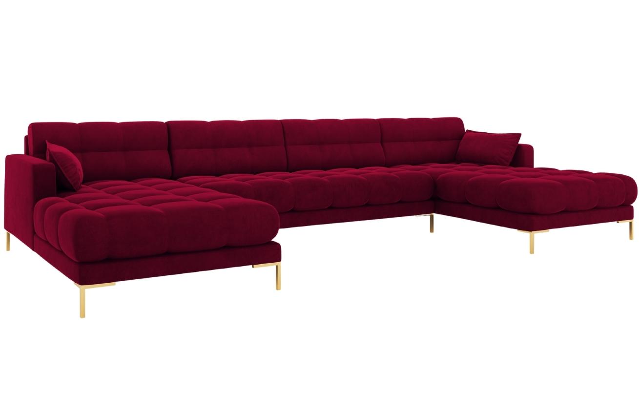 Vínově červená sametová šestimístná rohová pohovka do "U" MICADONI MAMAIA 383 cm se zlatou podnoží Micadoni