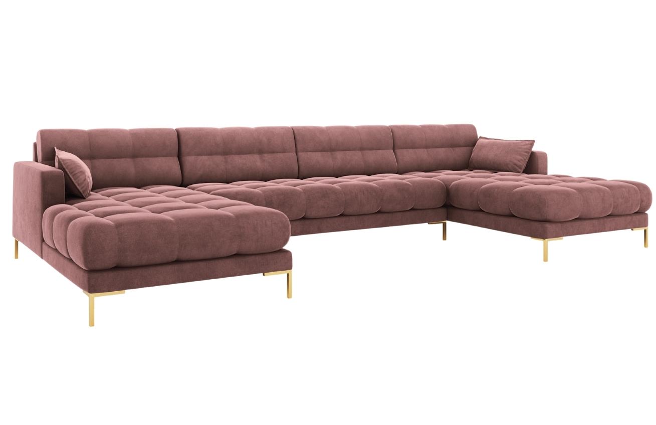 Růžová sametová šestimístná rohová pohovka do "U" MICADONI MAMAIA 383 cm se zlatou podnoží Micadoni