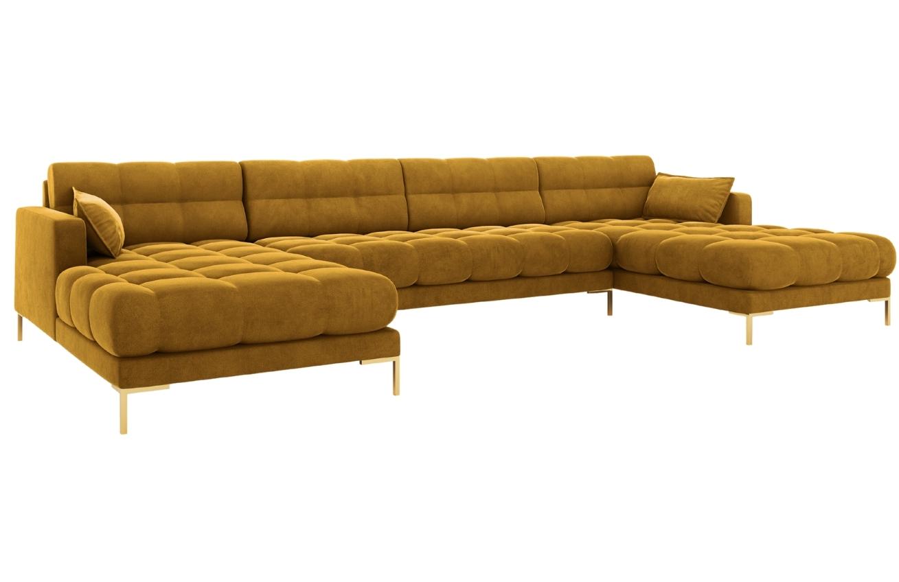 Žlutá sametová šestimístná rohová pohovka do "U" MICADONI MAMAIA 383 cm se zlatou podnoží Micadoni