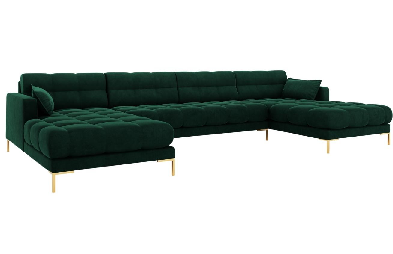 Tmavě zelená sametová šestimístná rohová pohovka do "U" MICADONI MAMAIA 383 cm se zlatou podnoží Micadoni