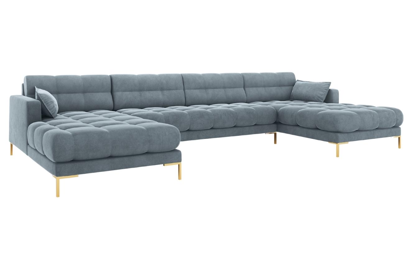 Světle modrá sametová šestimístná rohová pohovka do "U" MICADONI MAMAIA 383 cm se zlatou podnoží Micadoni